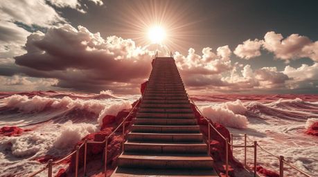 A surreal infrared image depicts a dramatic, bronze-toned staircase with a patina finish rising from a stormy ocean towards a