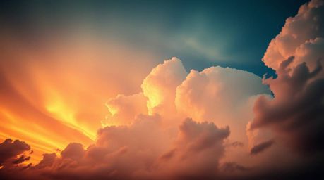 A stunning high-resolution stock photo captures a low-angle perspective of bioluminescent thunderstorm clouds at sunset.  The