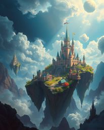 Experience the magic of a dramatic cinematic painting showcasing a vibrant kingdom with floating islands and majestic castles