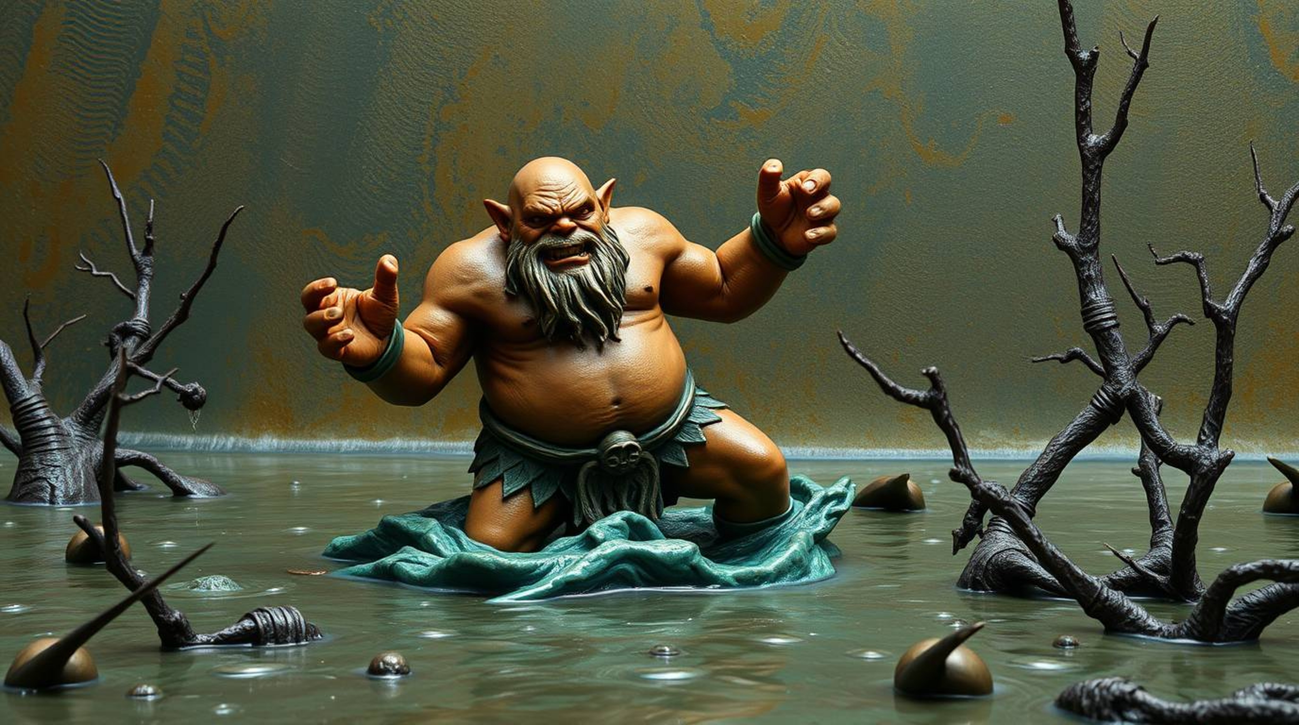 A breathtaking bronze sculpture depicts an ogre performing a vibrant dance in a swamp.  The artwork showcases a masterful ble