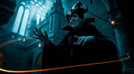 A captivating image of a classic Disney villain casting a spell within the walls of an ancient castle. The photograph utiliz