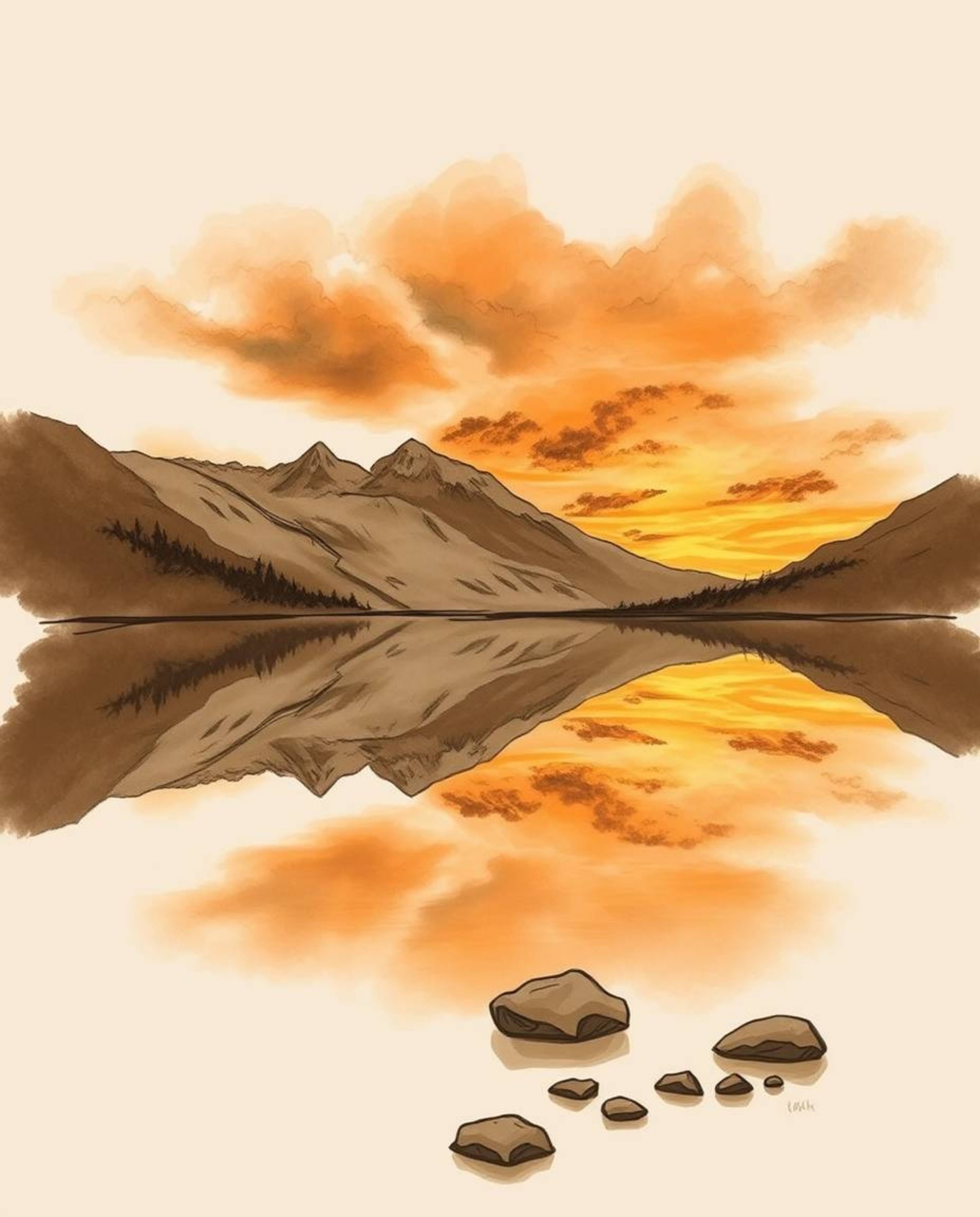 A hand-drawn, earth-toned sketch in a sketchnote style captures the reflections of fiery clouds in a mountain lake. The artwo