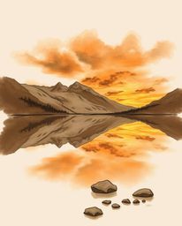 A hand-drawn, earth-toned sketch in a sketchnote style captures the reflections of fiery clouds in a mountain lake. The artwo