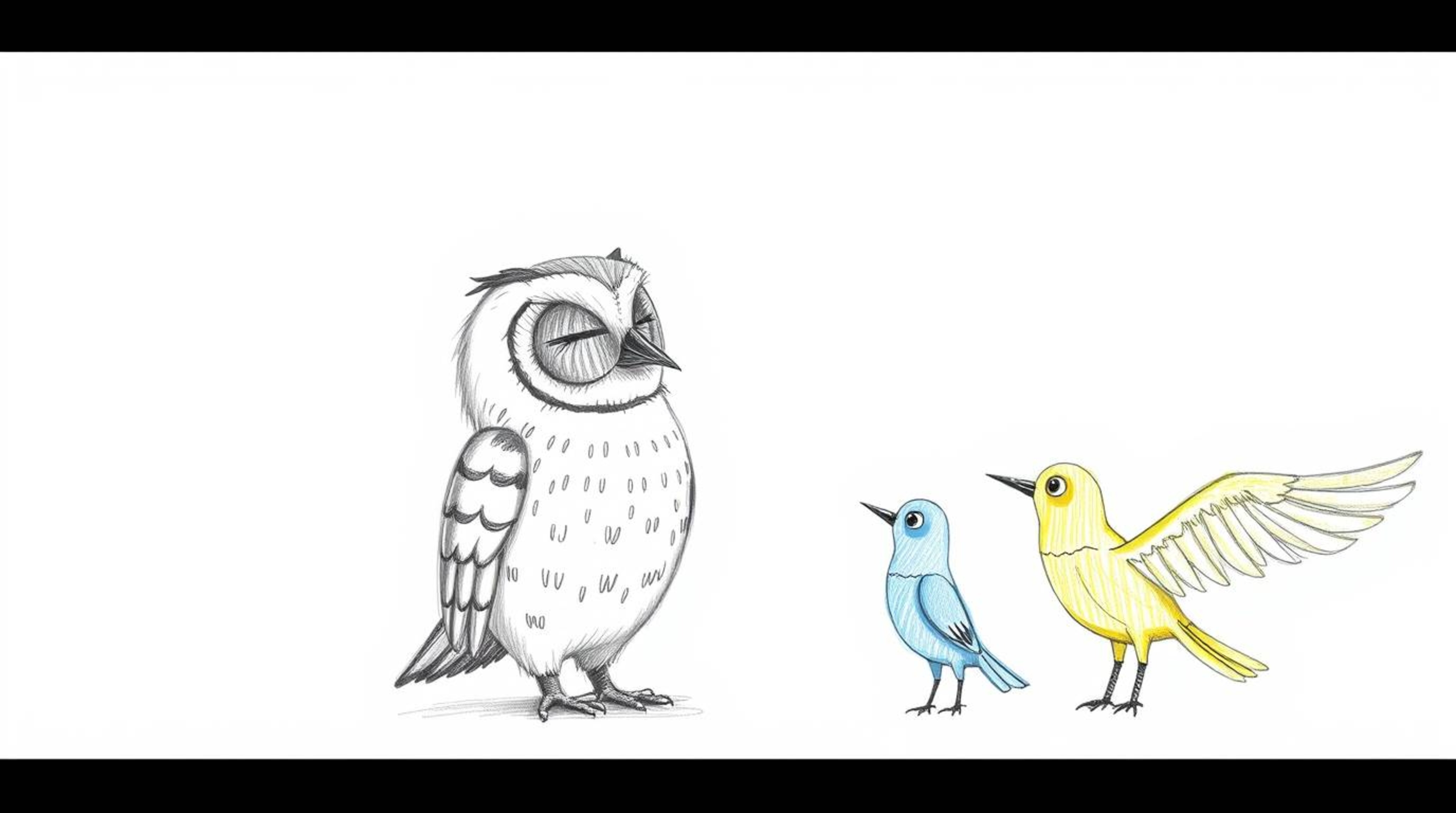 This hand-drawn sketch, inspired by Pixar, showcases a wise, blind owl with meticulously detailed feathers guiding birds in t