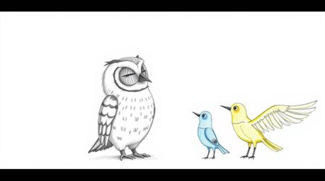 This hand-drawn sketch, inspired by Pixar, showcases a wise, blind owl with meticulously detailed feathers guiding birds in t