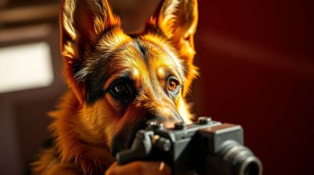 A heroic German Shepherd detective, with sharp, intelligent eyes and tan fur, utilizes futuristic gadgets in a visually strik