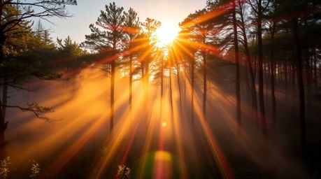 Experience the breathtaking beauty of a misty forest bathed in the golden hour light. This captivating image showcases a brig