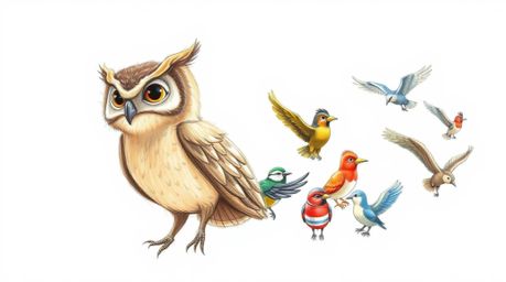 A heartwarming hand-drawn sketch in the style of Pixar depicts a gentle, blind brown owl with soft, feathery texture leading 