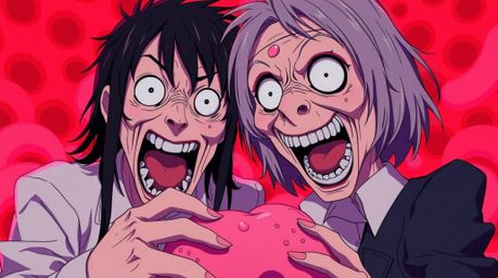 This 16:9 anime scene depicts a surreal, gross-out comedy moment in the style of an Isekai anime.  Featuring exaggerated expr