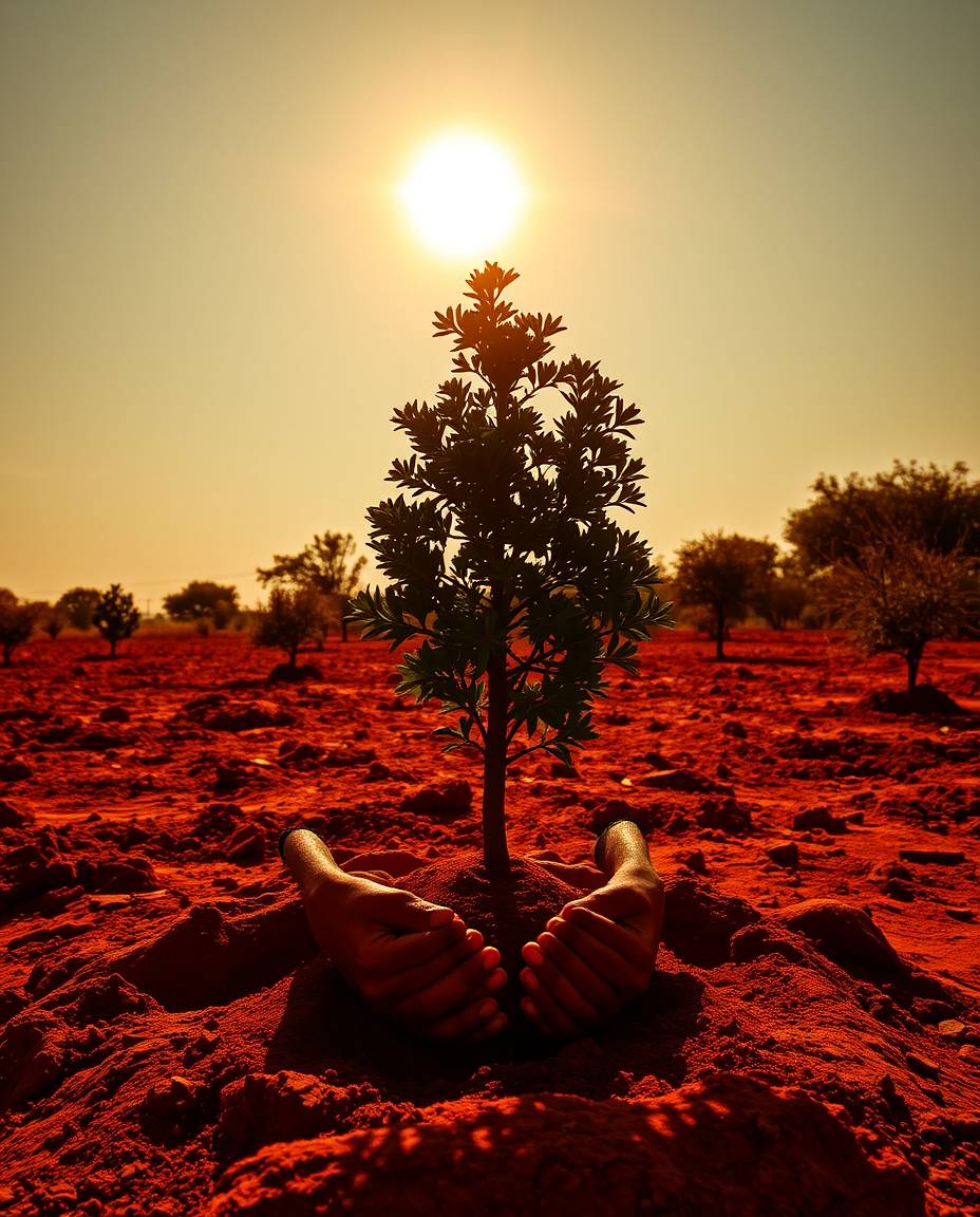 An image depicting hands planting a tree under a vibrant golden sky, rendered in warm terracotta and cool teal hues. The scen