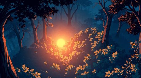 A captivating Isekai-style anime illustration showcases a high-angle perspective of a dense forest bathed in the warm glow of