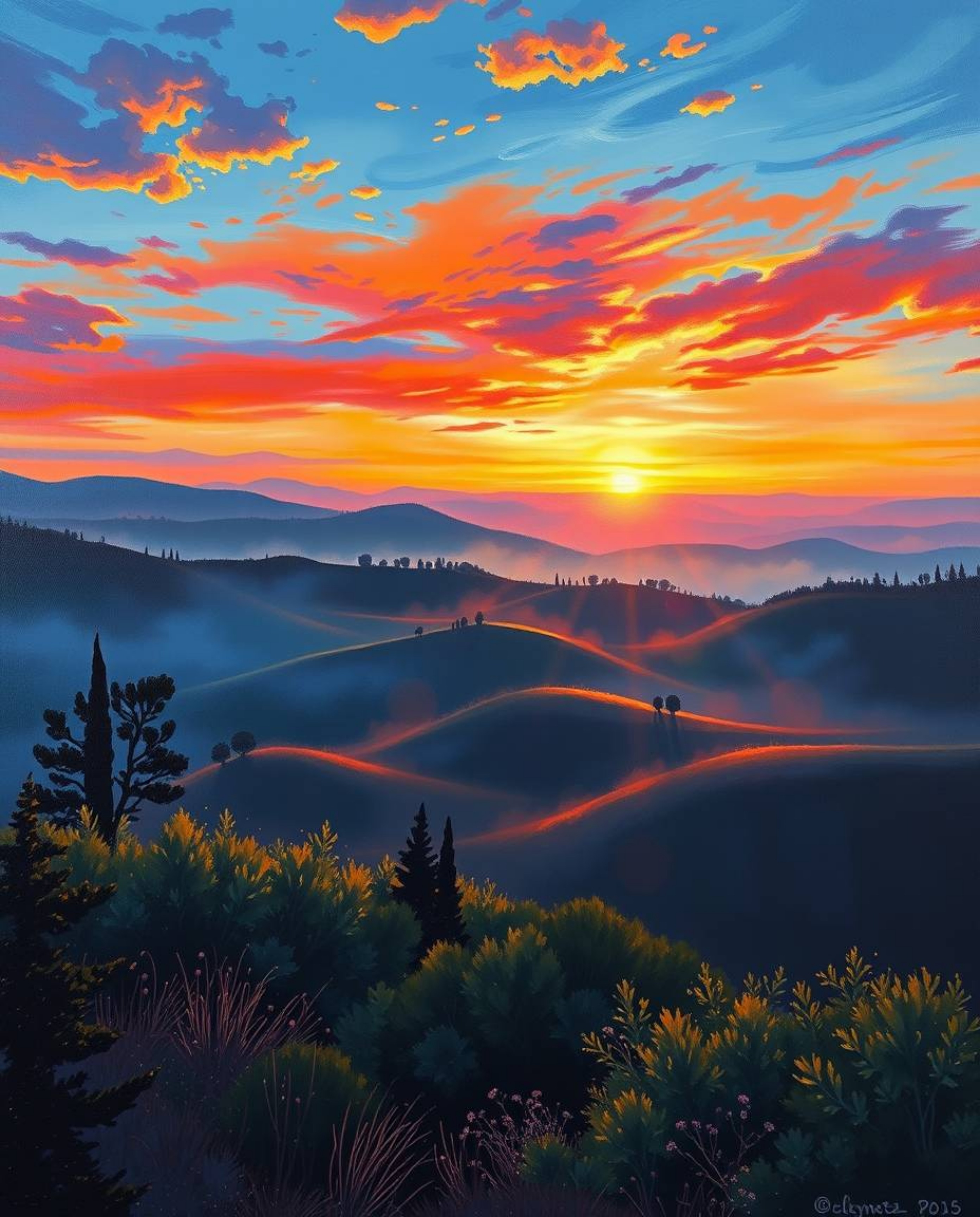 This is a bold acrylic painting capturing a sunset over misty, rolling hills in Tuscany from a high-angle, elevated viewpoint