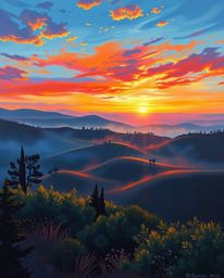 This is a bold acrylic painting capturing a sunset over misty, rolling hills in Tuscany from a high-angle, elevated viewpoint