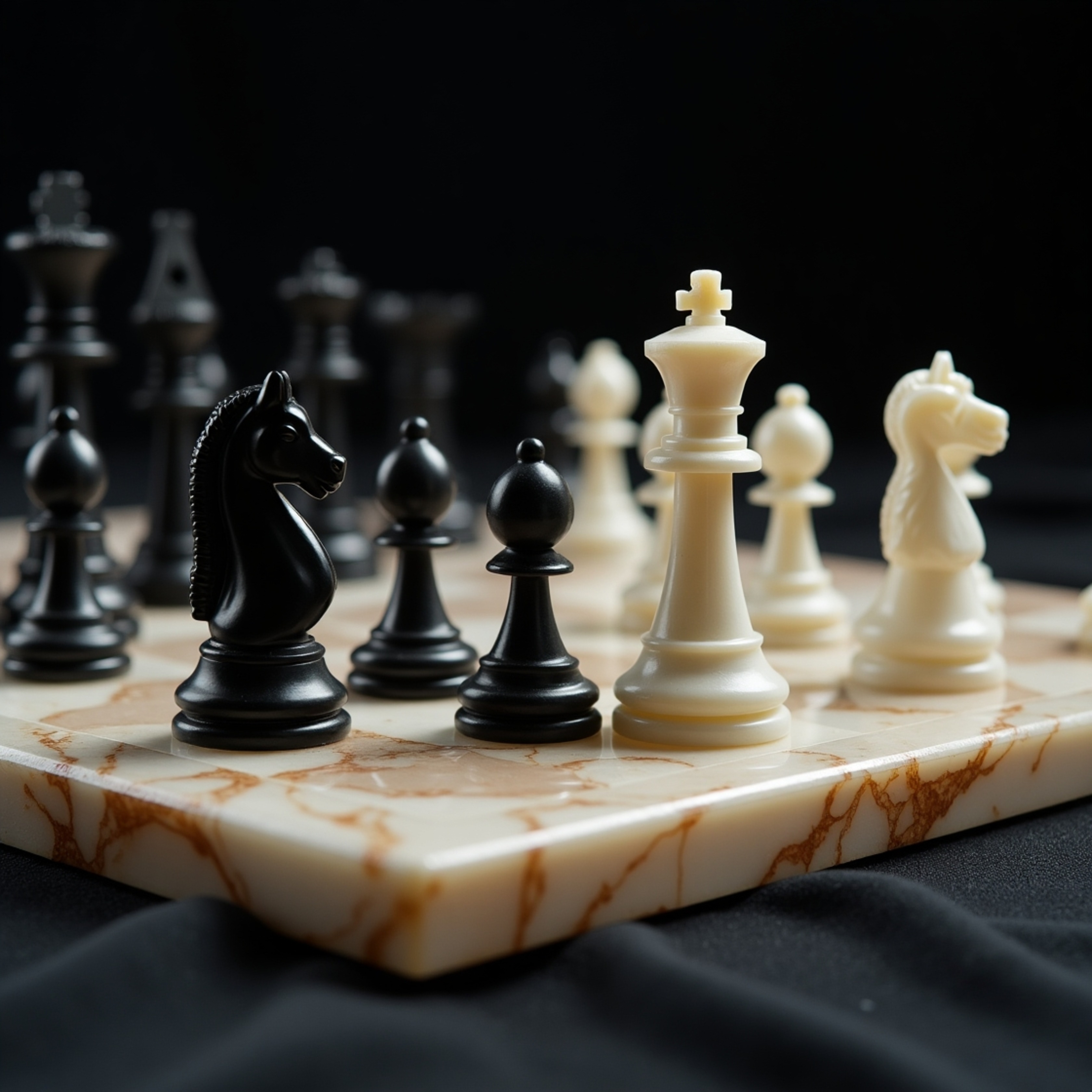 A stunning, high-contrast image showcasing a polished marble chessboard in the midst of an intense game.  Intricately carved 