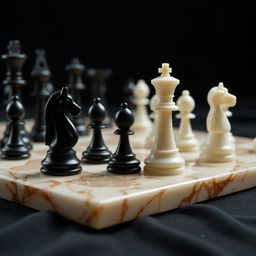 A stunning, high-contrast image showcasing a polished marble chessboard in the midst of an intense game.  Intricately carved 