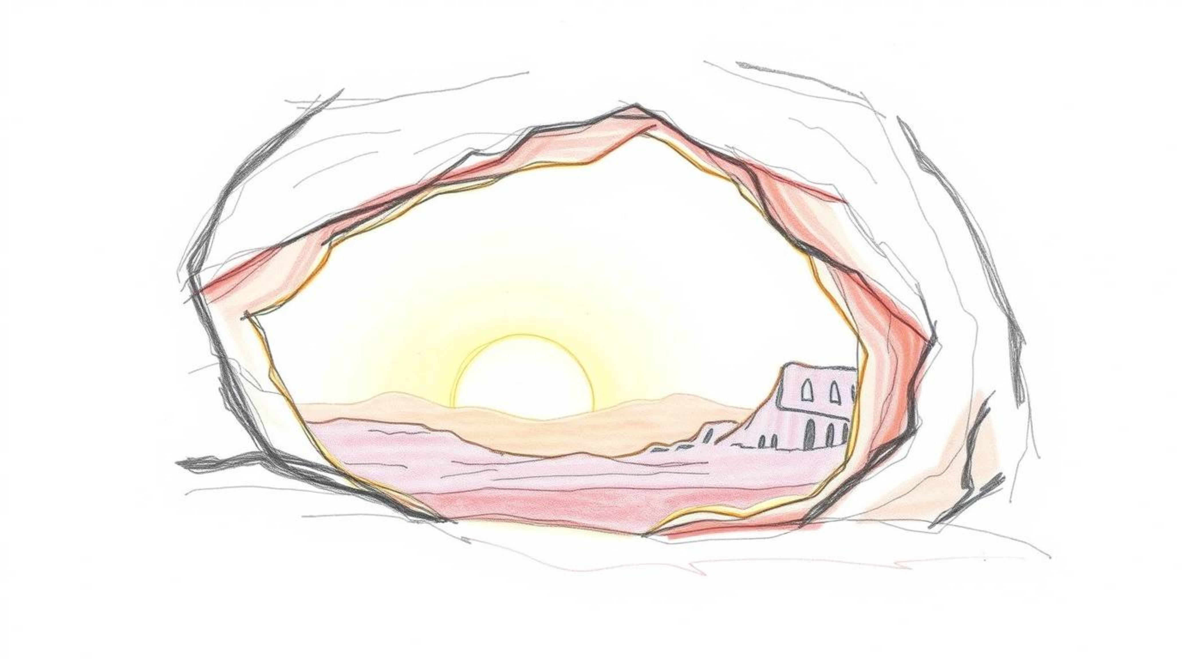 A captivating hand-drawn sketch depicts a serene sunset viewed through a desert rock arch.  Rendered in soft pastel colors, t