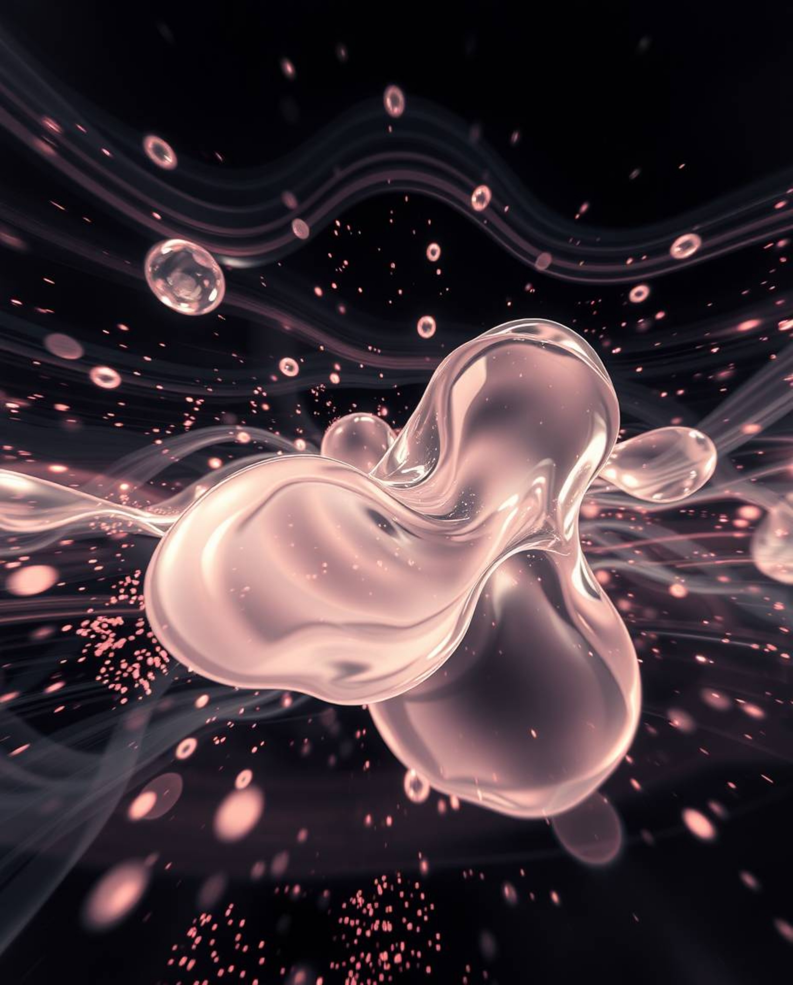 This surreal photograph blends infrared tones with long exposure techniques, capturing glassy fluid 3D shapes in constant mot