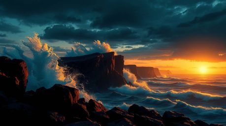 A captivating chiaroscuro illustration depicting the dramatic scene of powerful waves crashing against rugged cliffs at sunse