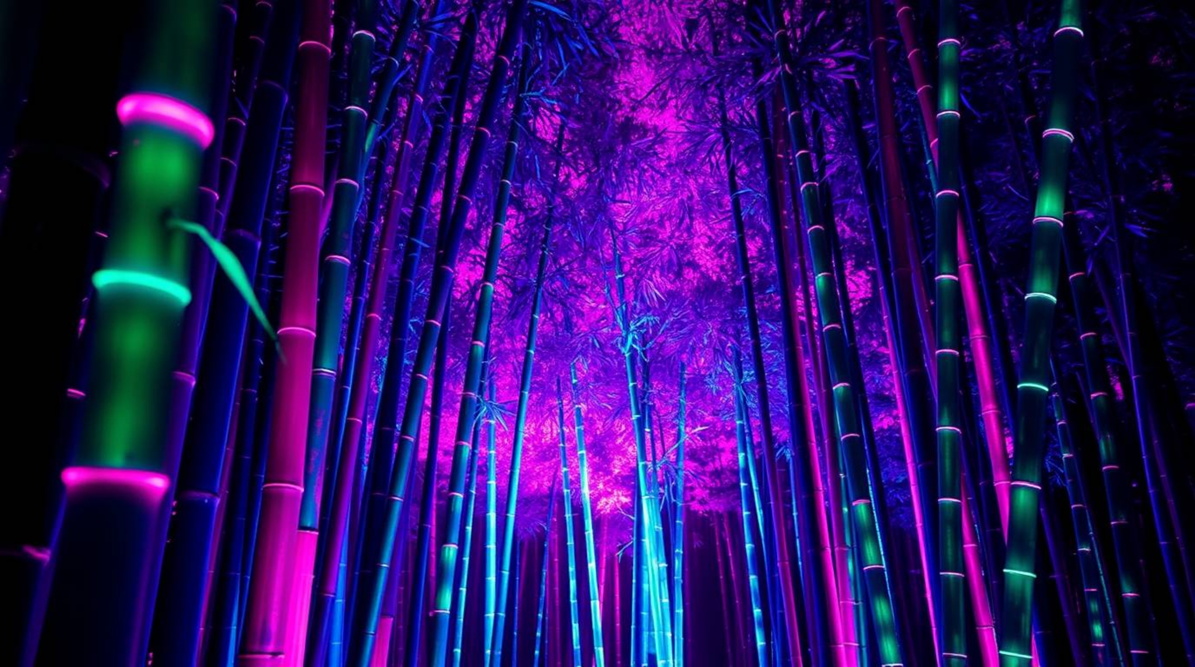 Experience the magic of a bamboo forest illuminated by surreal infrared tones and glowing bioluminescent colors at sunset. Na