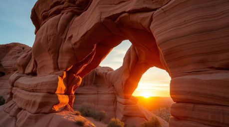 Stunning close-up architectural photography showcasing warm autumn colors.  A vibrant sunset bathes a desert rock arch in gol