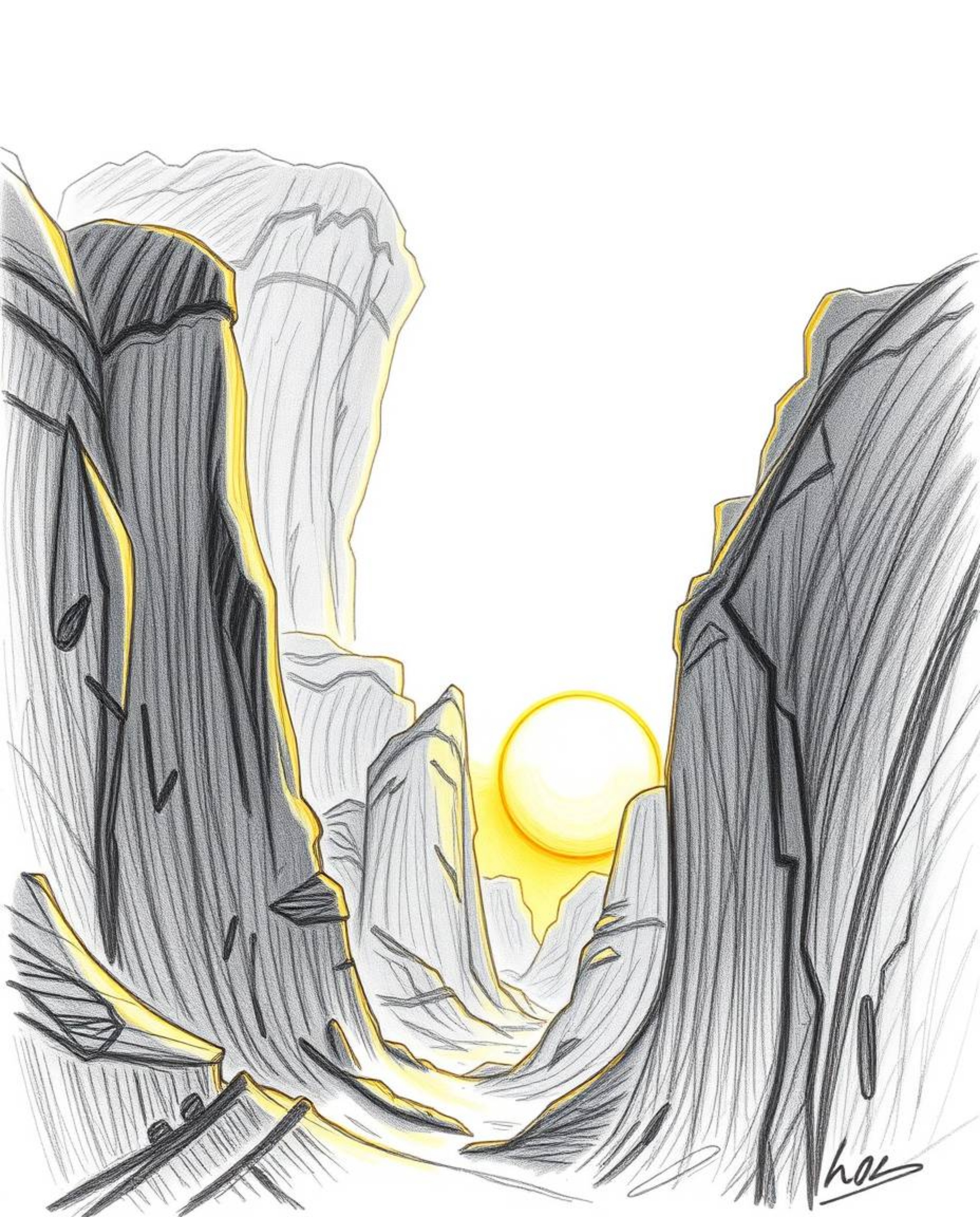 This is an epic hand-drawn sketch of a futuristic scene, capturing a sunset illuminating massive sandstone cliffs in a canyon