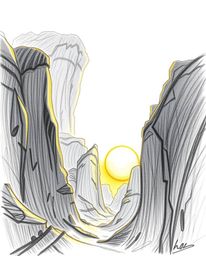 This is an epic hand-drawn sketch of a futuristic scene, capturing a sunset illuminating massive sandstone cliffs in a canyon
