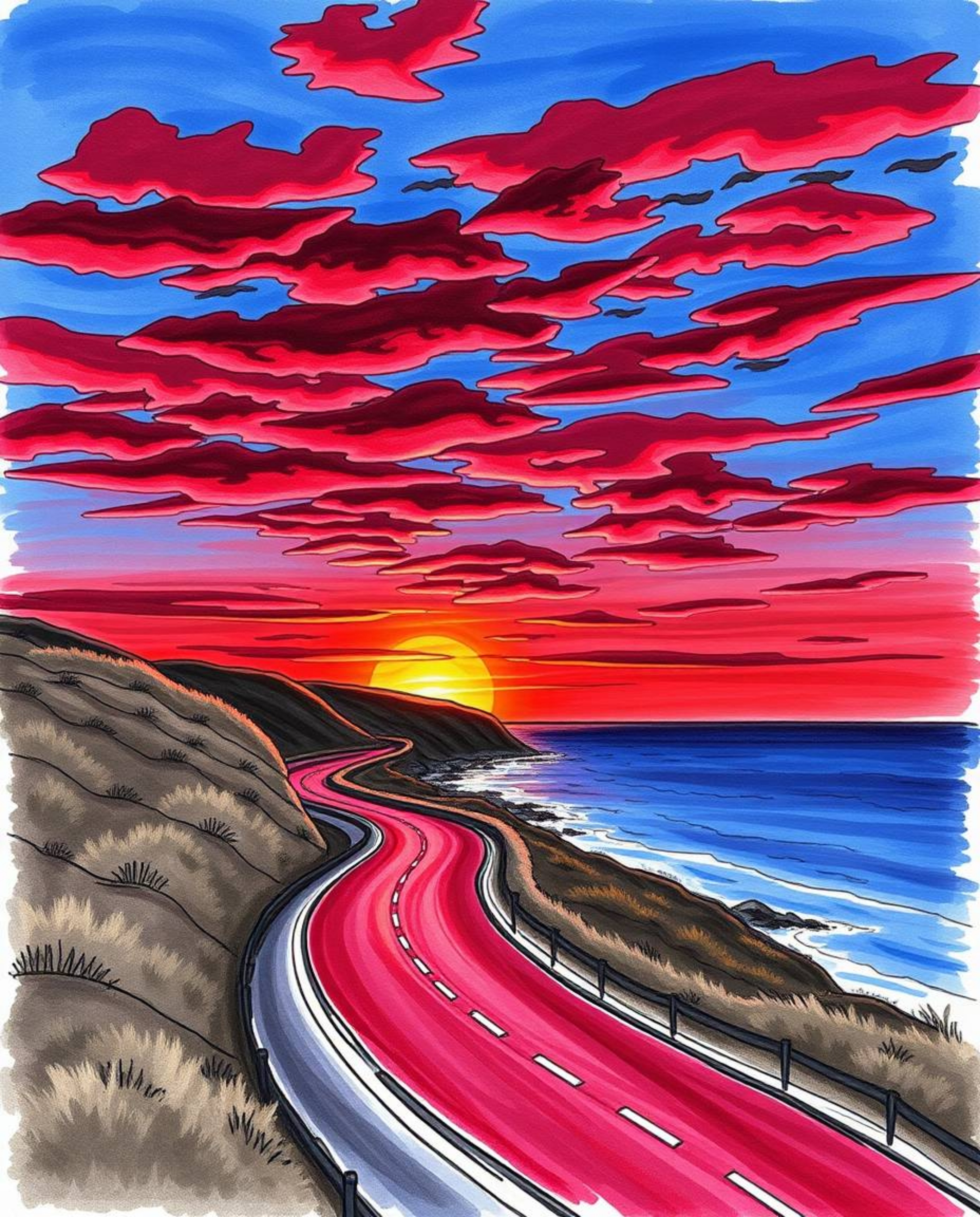 This is a sophisticated and elegant hand-drawn color sketchnote that portrays a sunset sky in rich burgundy and deep blue ove