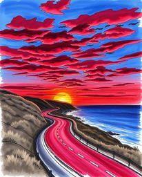 This is a sophisticated and elegant hand-drawn color sketchnote that portrays a sunset sky in rich burgundy and deep blue ove