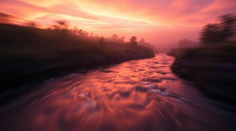 Experience the mesmerizing beauty of a winding river bathed in the vibrant hues of a dramatic orange-pink sky. This scene evo