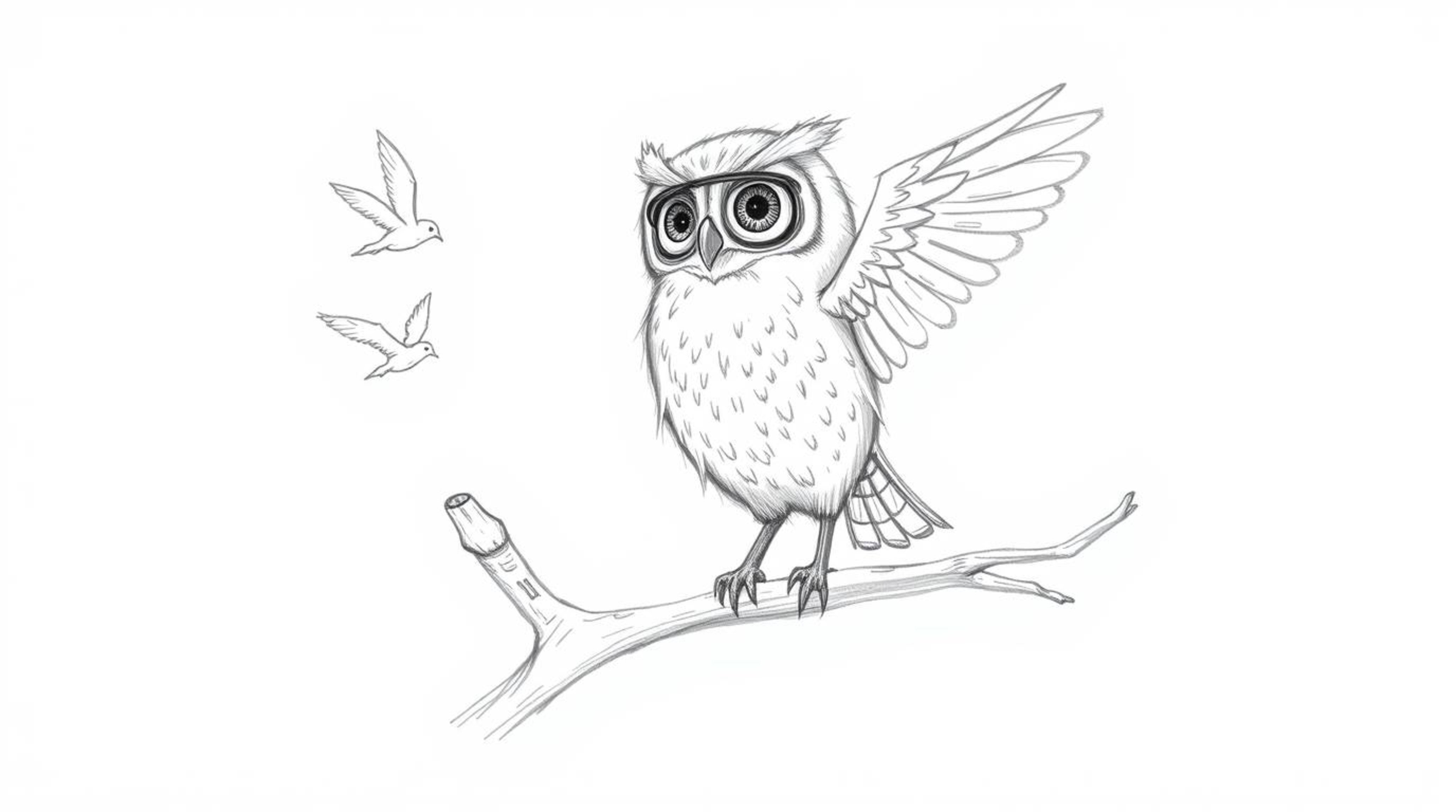 A hand-drawn pencil sketch in the style of Pixar depicts a blind owl rhythmically tapping its wings on a hollow branch, teach