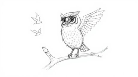A hand-drawn pencil sketch in the style of Pixar depicts a blind owl rhythmically tapping its wings on a hollow branch, teach