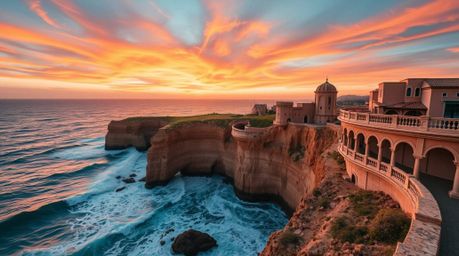Experience the beauty of architectural color photography with a stunning contrast of warm terracotta and cool teal. Witness t
