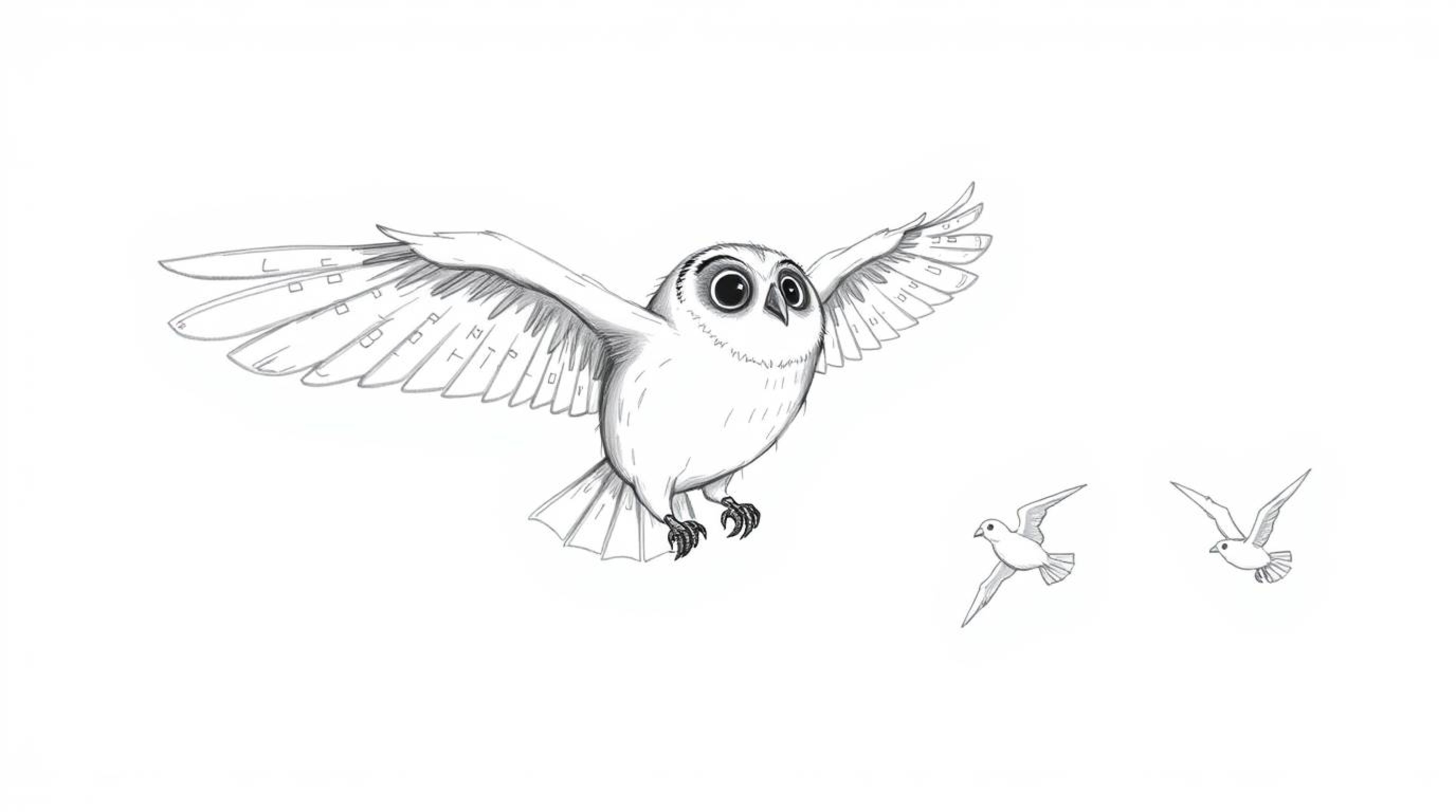 A whimsical hand-drawn sketch in the style of Pixar showcases a blind owl, rendered with soft pencil strokes and rough lines,