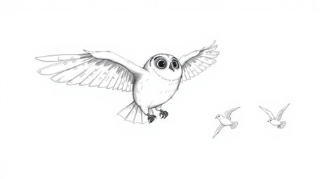A whimsical hand-drawn sketch in the style of Pixar showcases a blind owl, rendered with soft pencil strokes and rough lines,