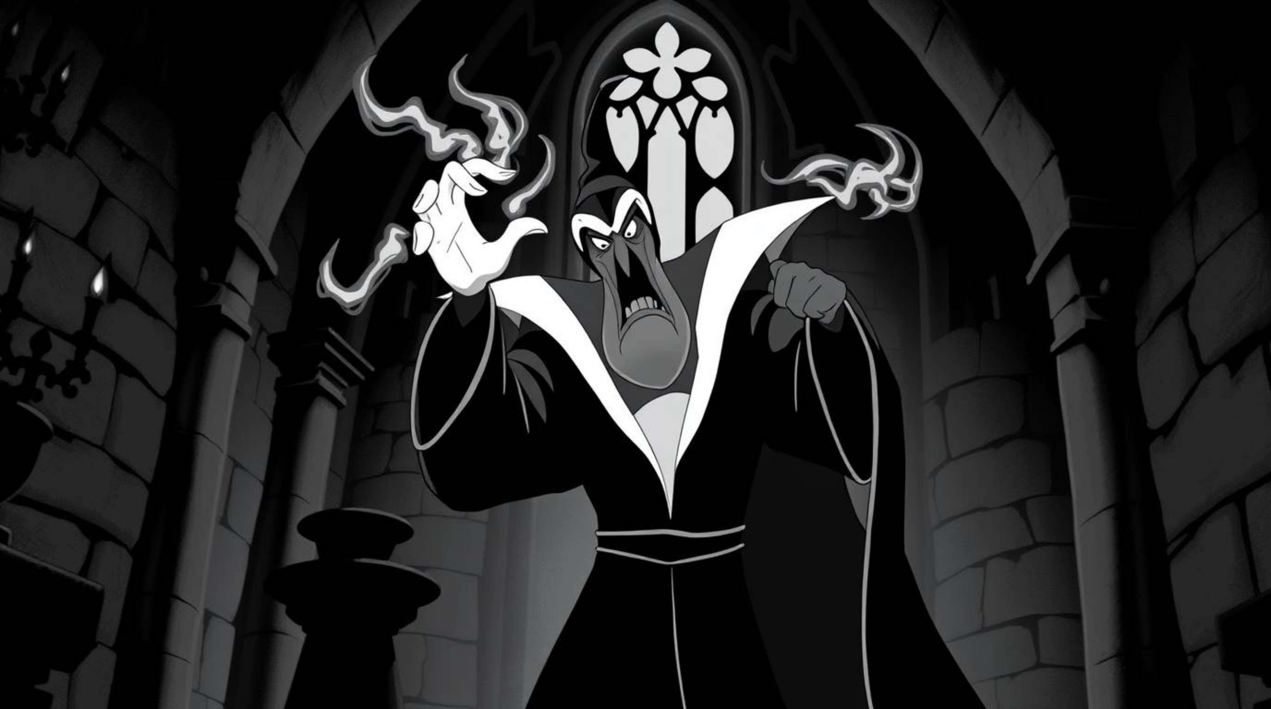 A timeless and elegant black and white illustration depicts a classic Disney villain casting a spell within the walls of an o
