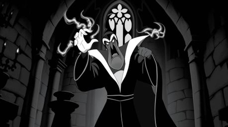 A timeless and elegant black and white illustration depicts a classic Disney villain casting a spell within the walls of an o