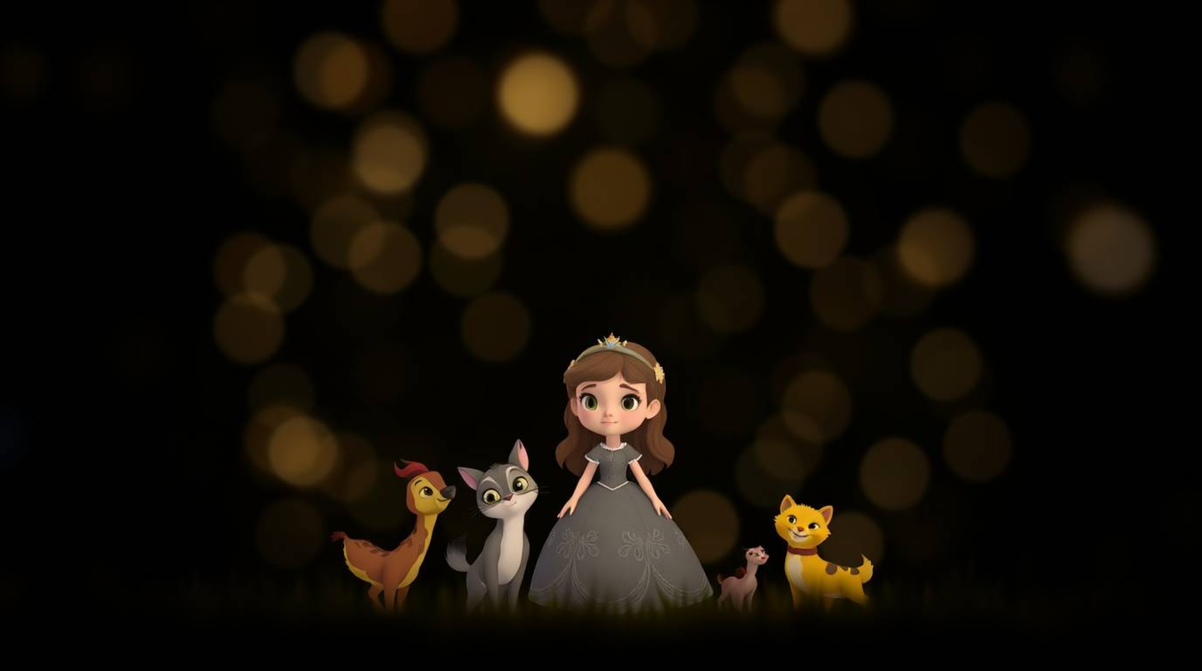 This image captures a scene of a princess singing with forest animals in a vintage 2D animation style, featuring a blurred bo