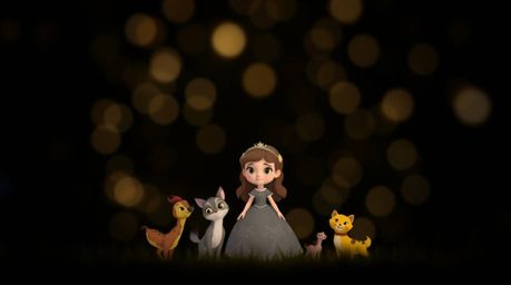 This image captures a scene of a princess singing with forest animals in a vintage 2D animation style, featuring a blurred bo
