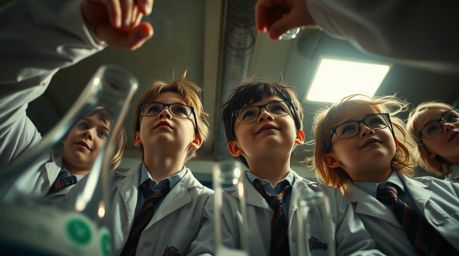 A low-angle shot captures quirky children in school uniforms engrossed in experiments, their curious expressions illuminated 