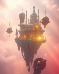 Explore a surreal floating island featuring bizarre and captivating architecture, all illuminated by soft, dreamy light. Vibr