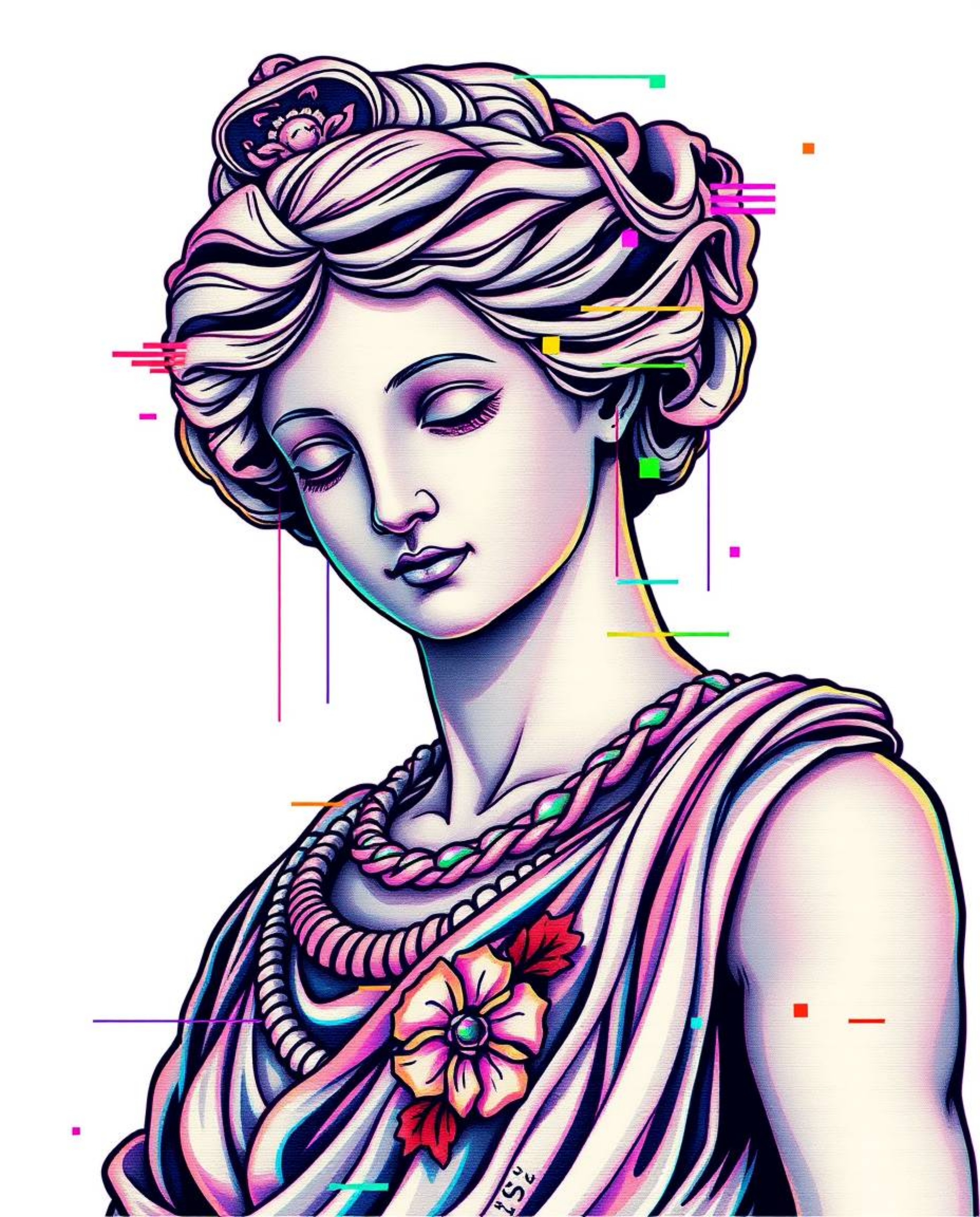 This art print showcases a captivating blend of traditional tattoo artistry and modern digital aesthetics. A classical sculpt