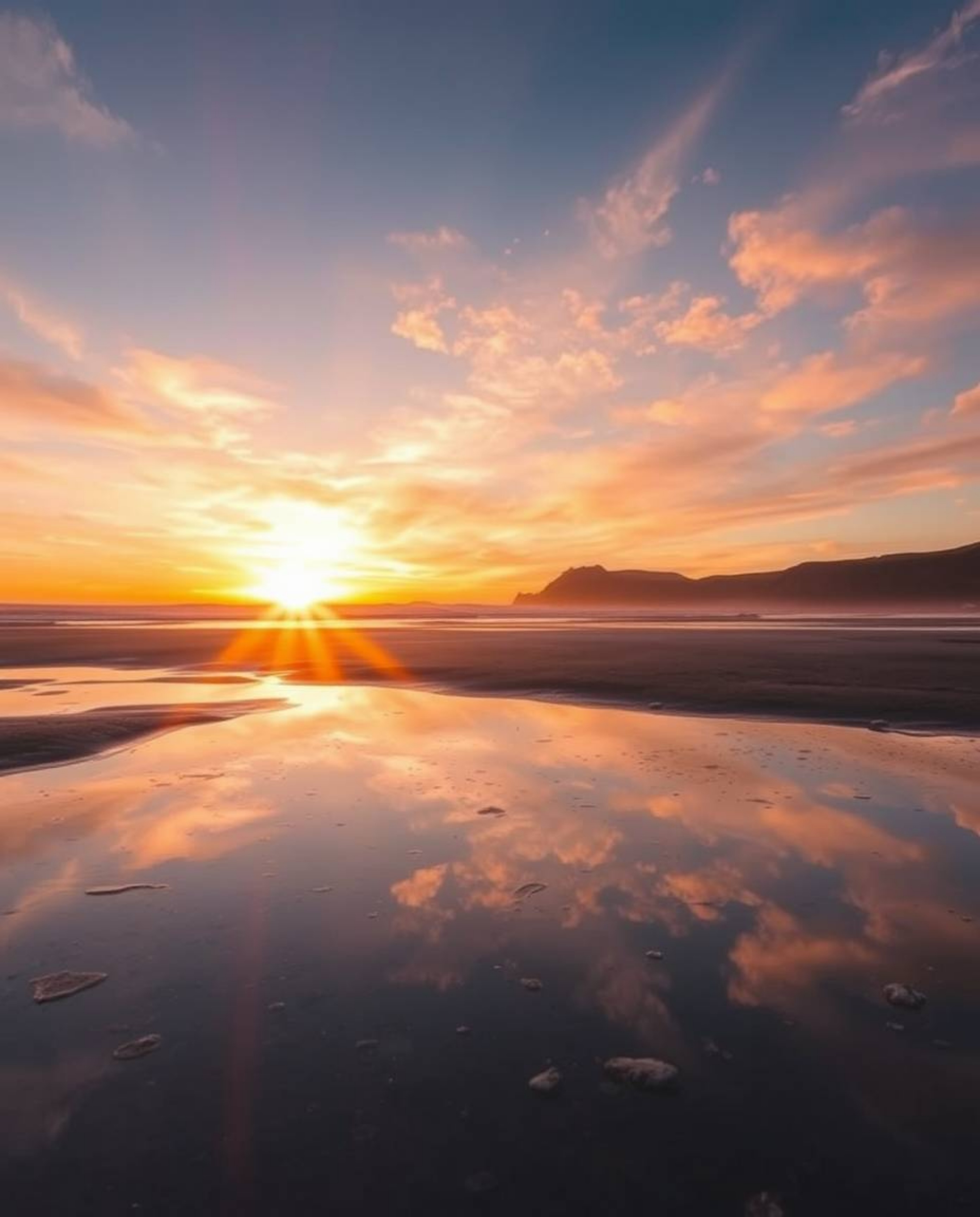 A dreamy, soft image captures a sunset sky mirrored in tidal pools on the beach. This visually stunning scene features a brig