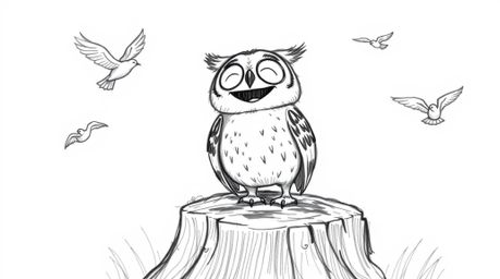 A heartwarming hand-drawn sketch depicts a blind owl, rendered in Pixar style, perched happily on a tree stump.  He watches w