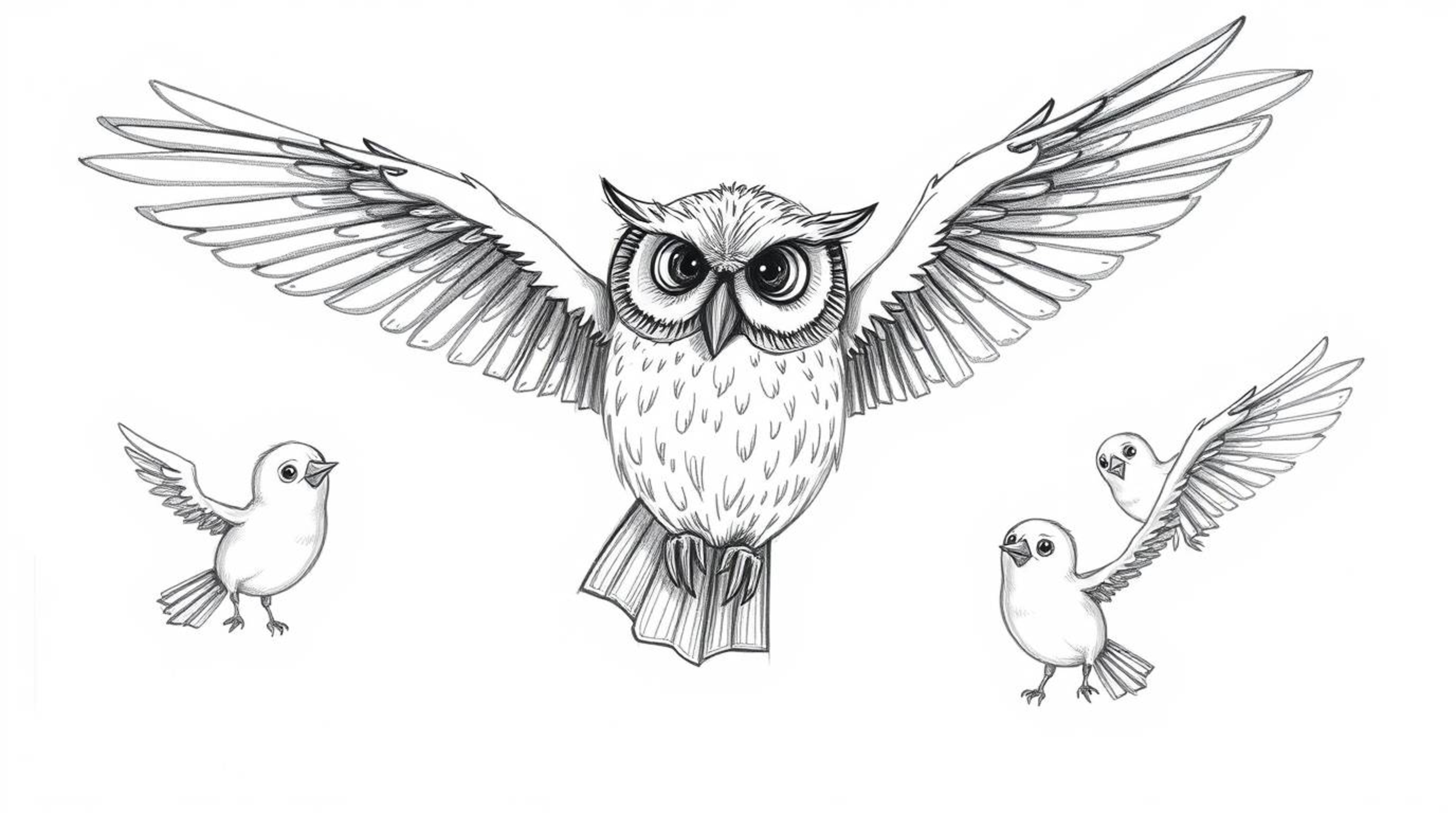 A charming hand-drawn Pixar-esque sketch depicts a wise-looking, blind owl guiding several birds in flight.  The birds are sk