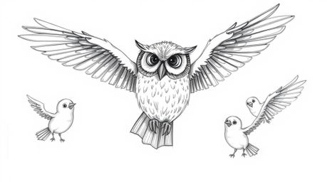 A charming hand-drawn Pixar-esque sketch depicts a wise-looking, blind owl guiding several birds in flight.  The birds are sk