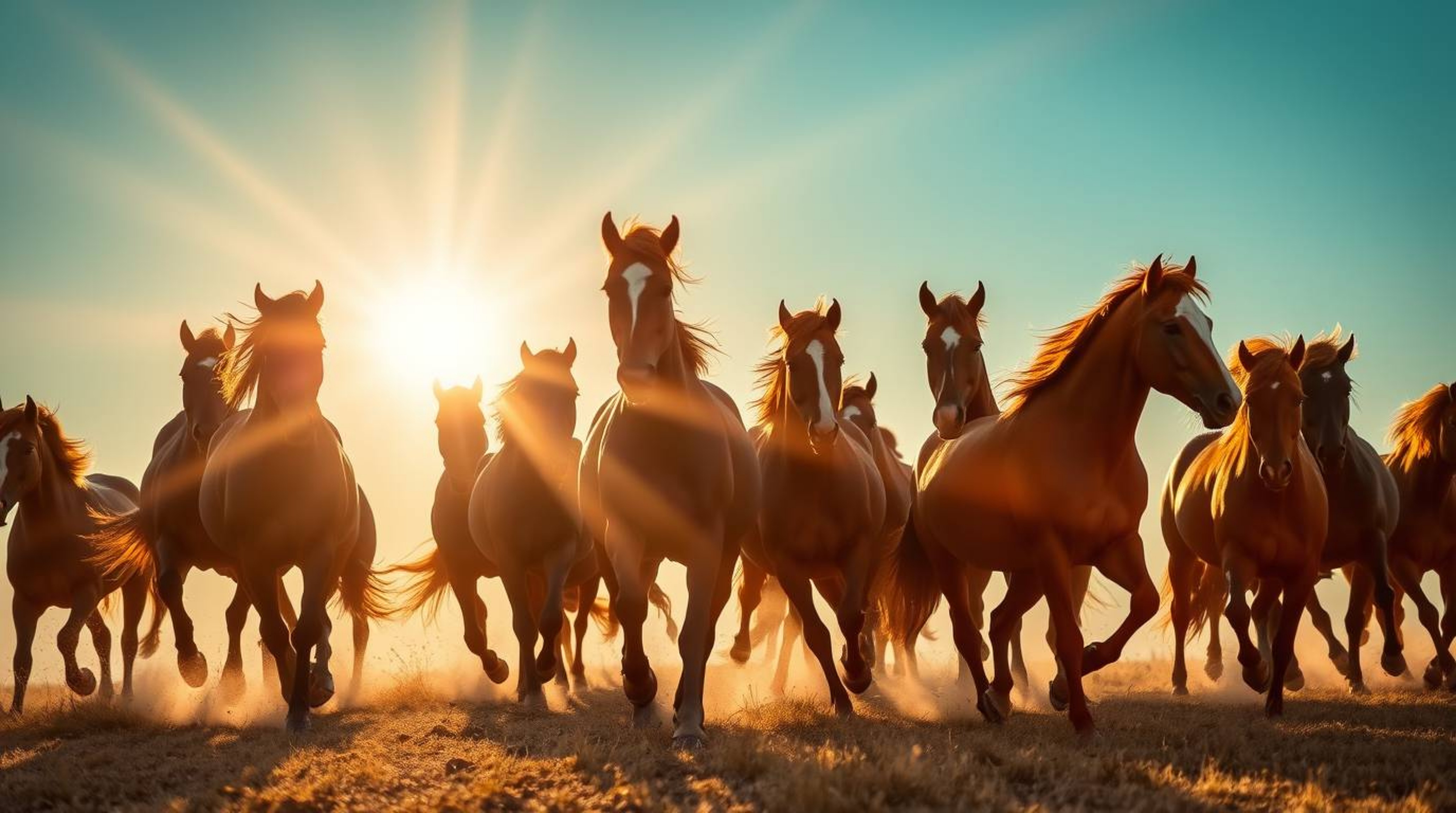 A breathtaking photograph captures a herd of wild horses galloping across the landscape beneath a stunning glowing sky.  The 