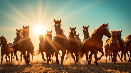 A breathtaking photograph captures a herd of wild horses galloping across the landscape beneath a stunning glowing sky.  The 