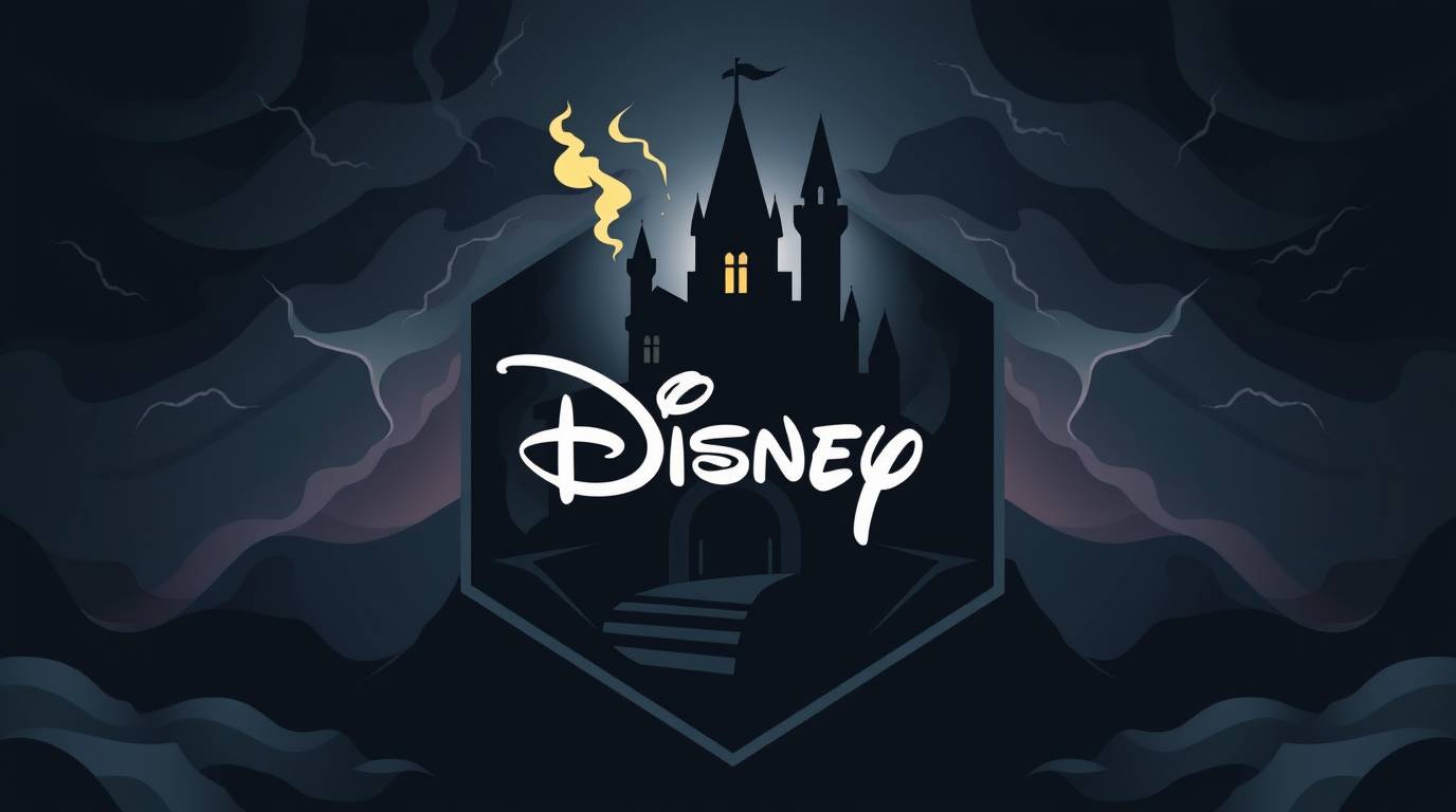 A captivating geometric logo design featuring a classic Disney villain casting a spell within an old castle during a dramatic
