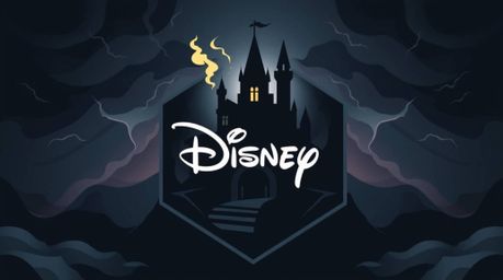 A captivating geometric logo design featuring a classic Disney villain casting a spell within an old castle during a dramatic