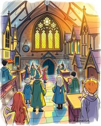 A hand-drawn, color sketchnote-style illustration depicts a magical school brimming with young wizards, illuminated by the wa